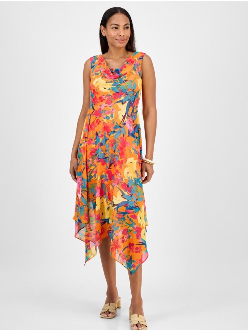 Signature By Robbie Bee Orange Floral Chiffon Sleeveless Dress  Asymmetrical